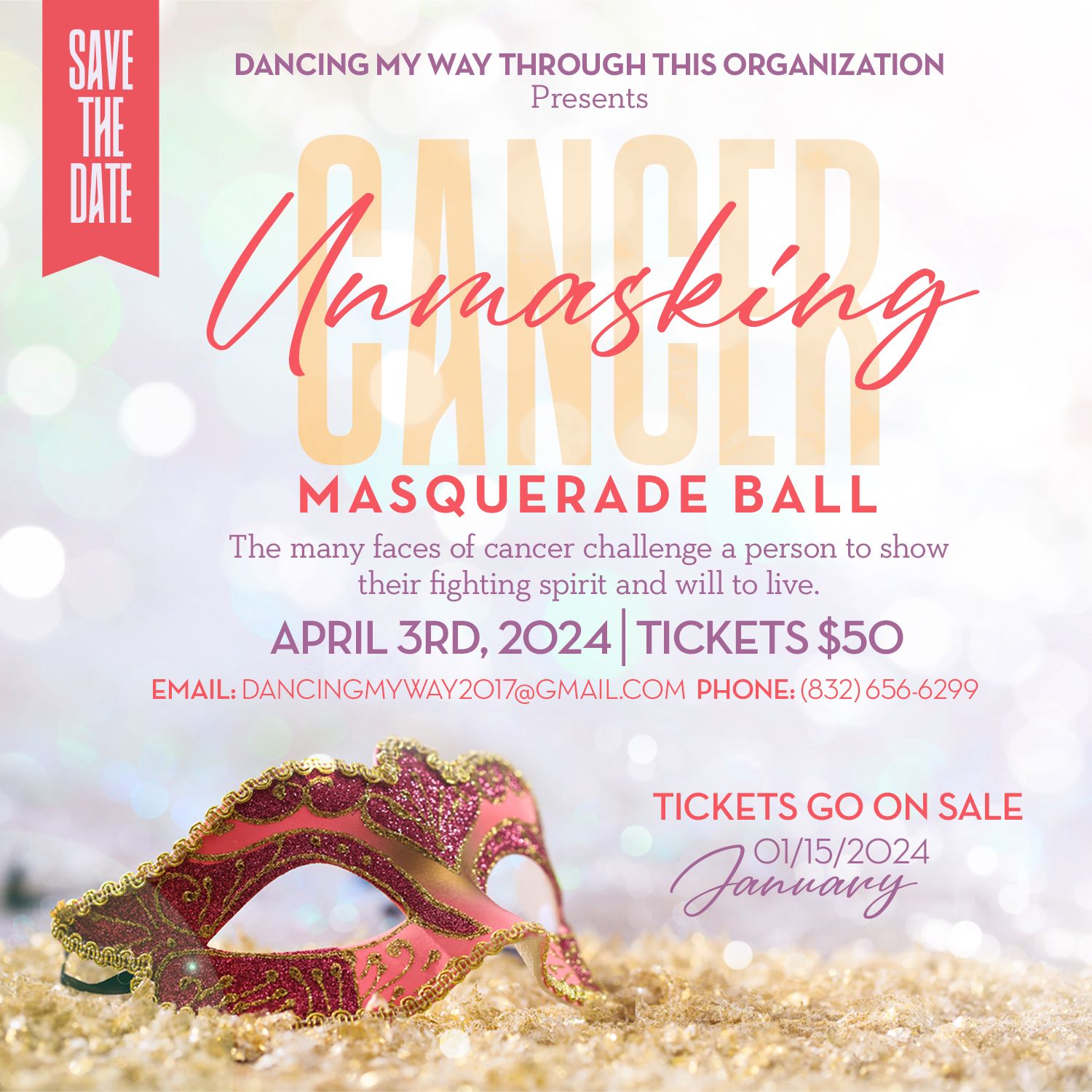 Pink and gold masquerade ball event poster featuring an ornate gold mask and glitter for a cancer charity fundraiser.