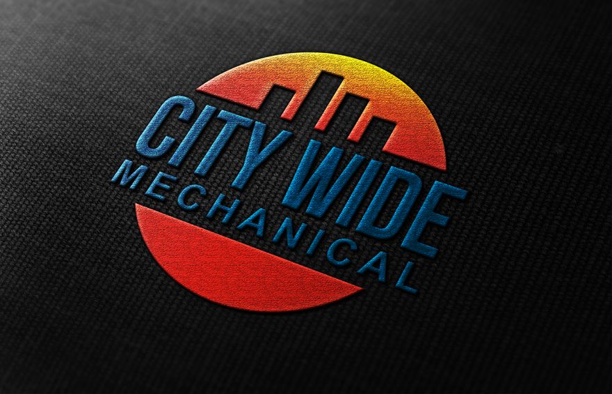 A series of six dark mechanical logo designs with gradient effects and futuristic typography in red and blue tones.