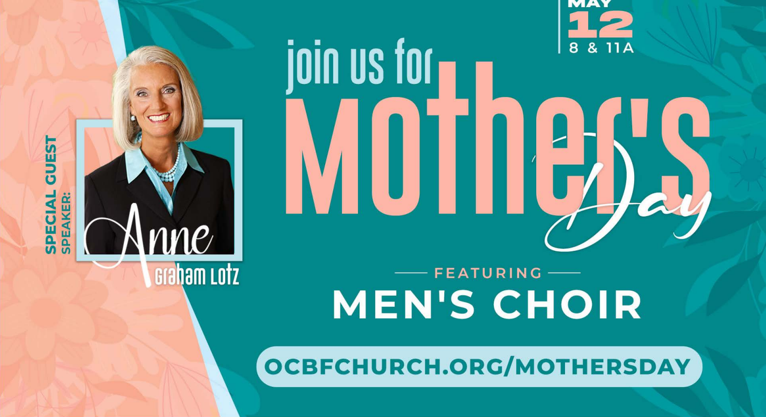 A teal and coral colored church banner advertising a Mother's Day event featuring a men's choir performance.