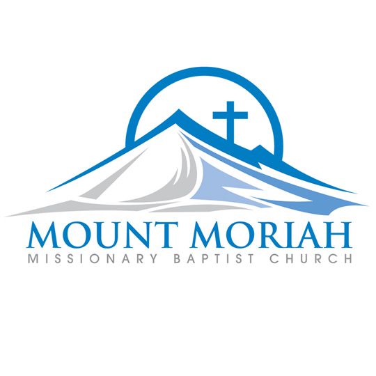Mount Moriah Missionary Baptist Church logo with mountain peak and cross design in blue.