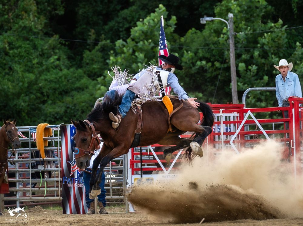 Sequence of action shots showing rodeo horseback riding creating clouds of dust in an arena during competition.
