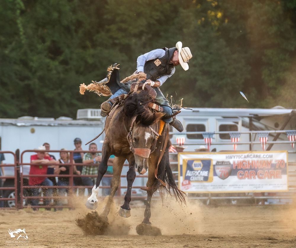 Action sequence of bronc rider at rodeo competition showing dramatic movements of horse and rider in dusty arena.