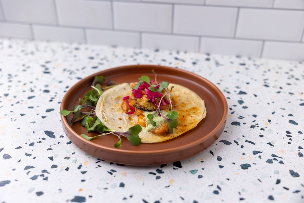 Modern taco presentation on a speckled white surface with colorful microgreens and garnishes.