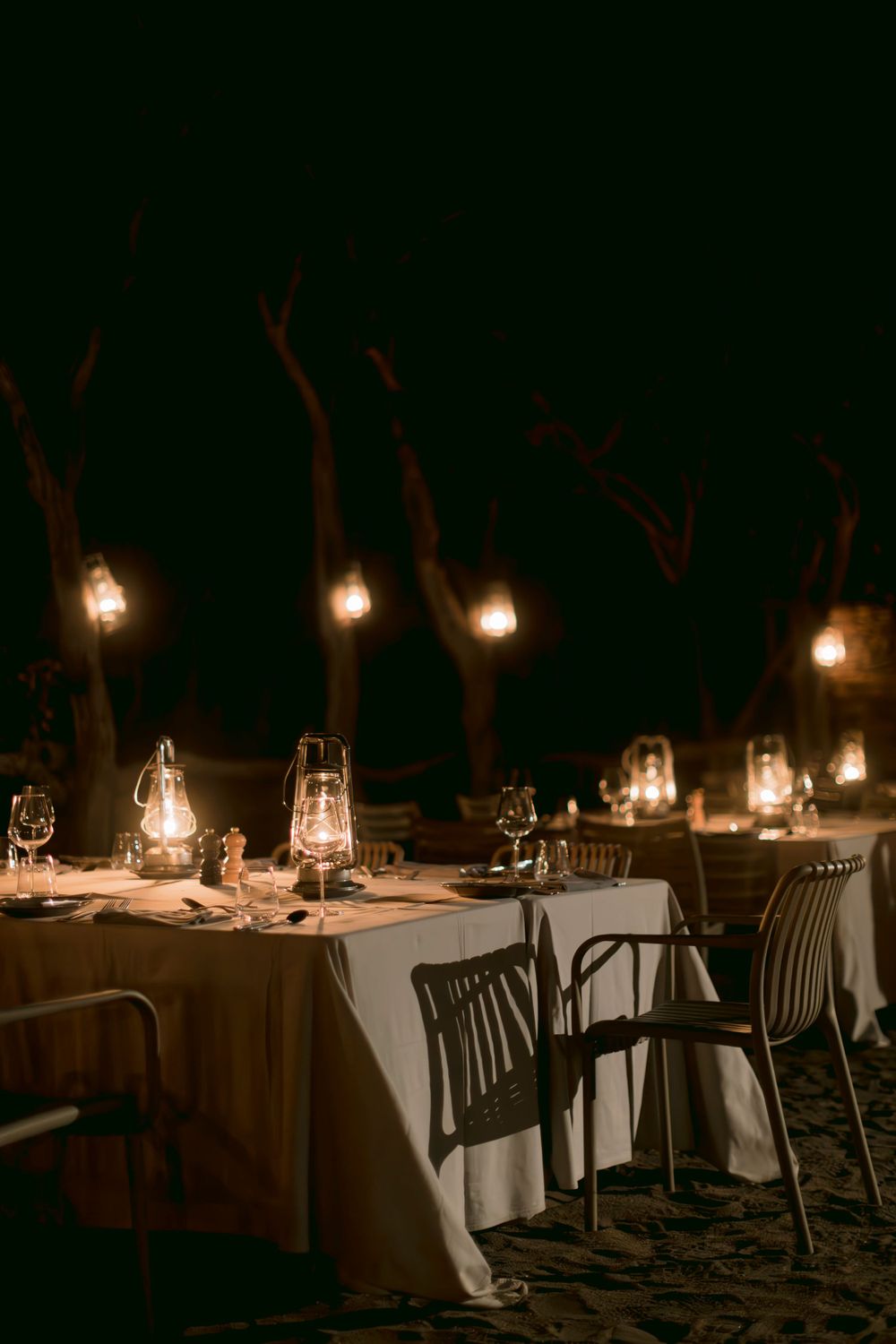 Candlelit outdoor safari dinner tables set with lanterns and glowing lights among bare trees at night.