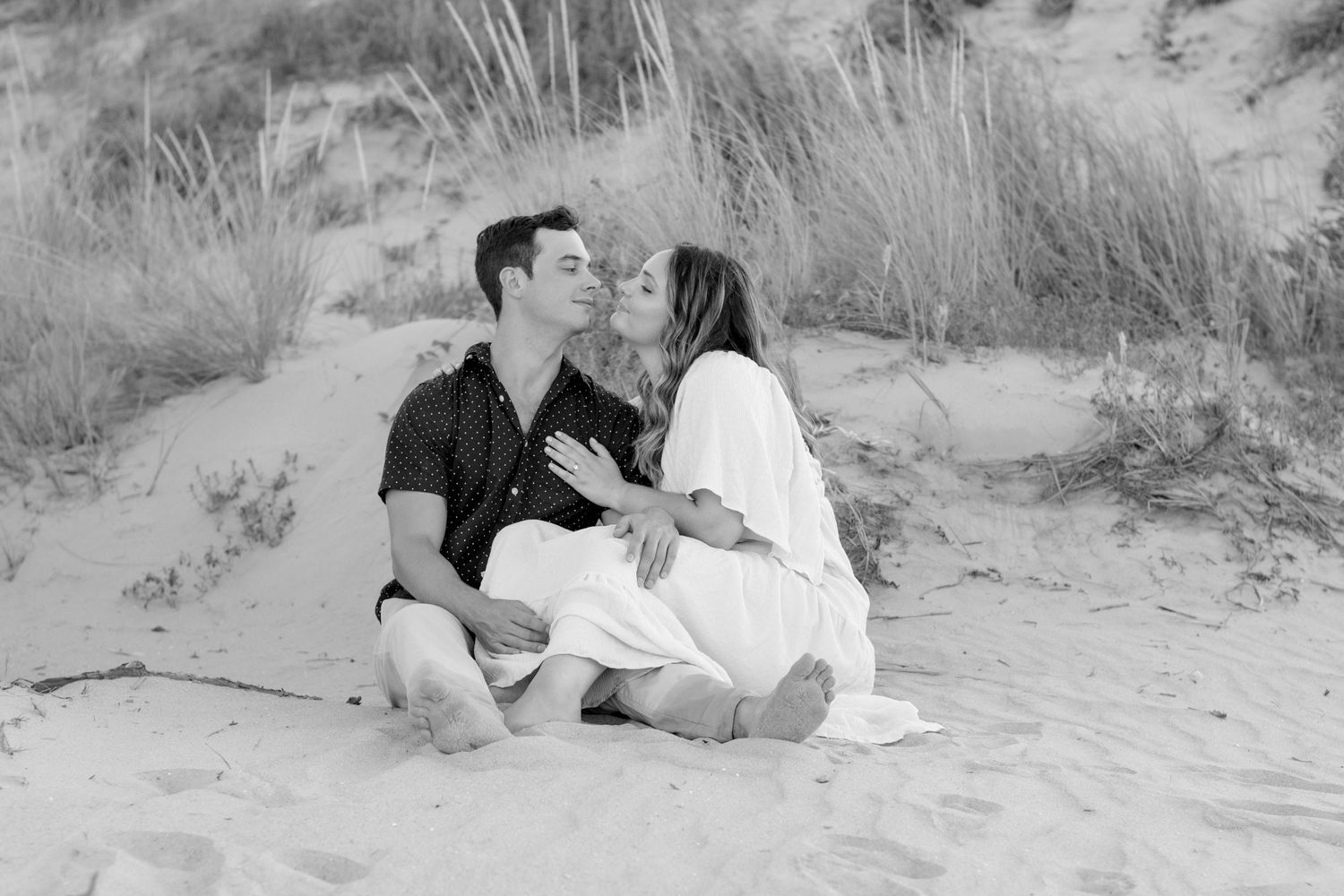 Black and White beach engagement photo