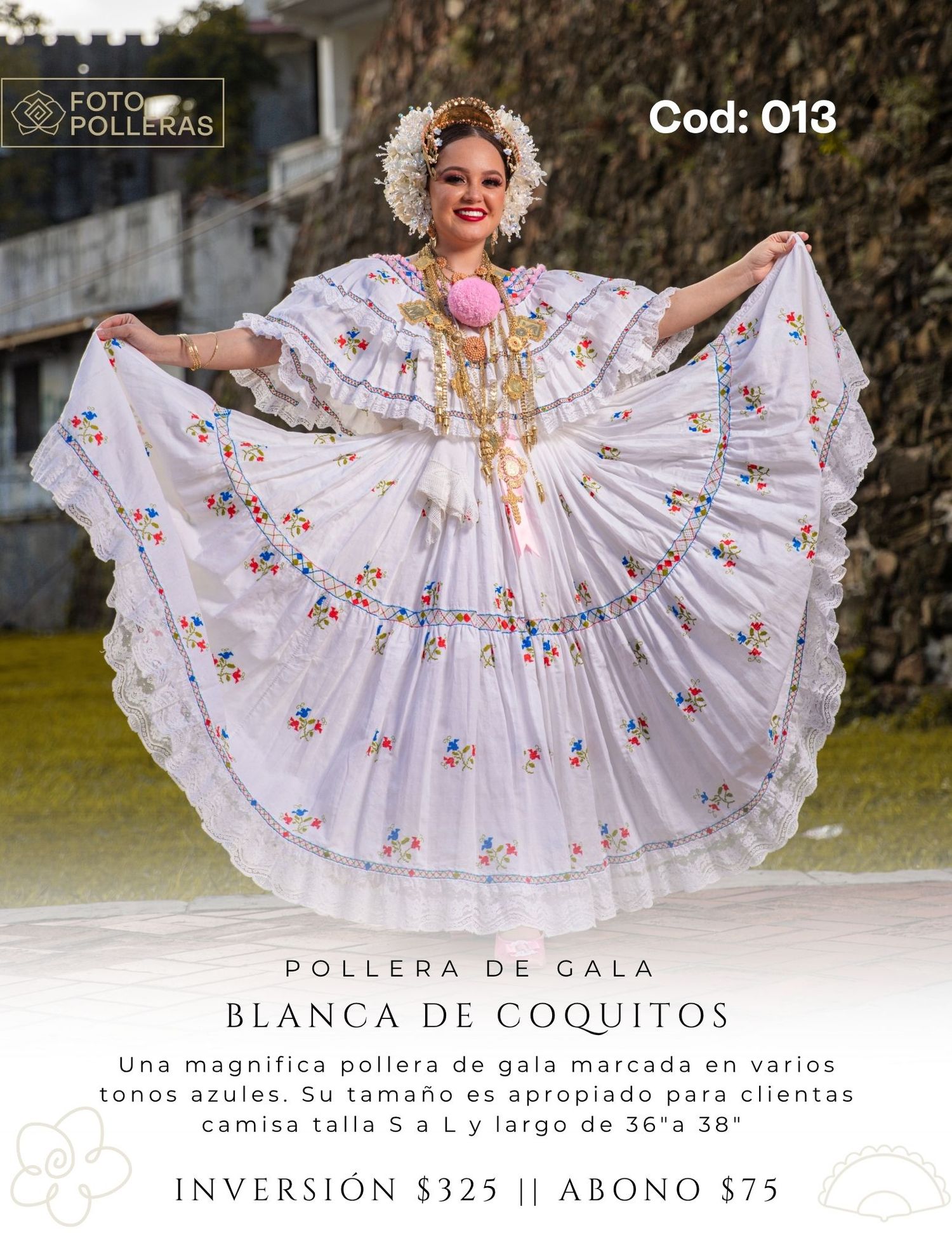 mujer con una pollera blanca de coquito en atardecer en el casco antiguo