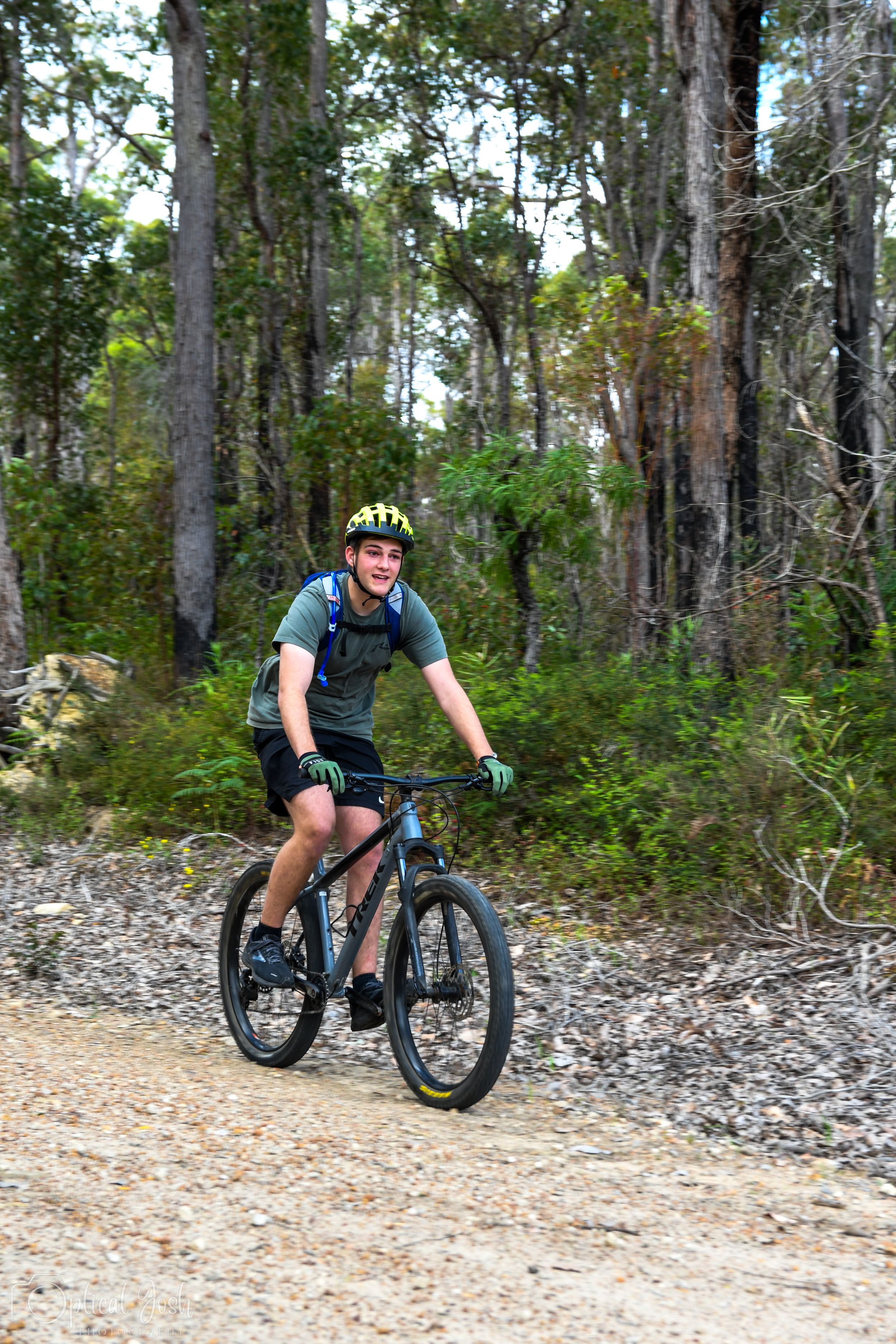 Mountain biker rides a fat tire bike on a dirt trail through a wooded forest area.