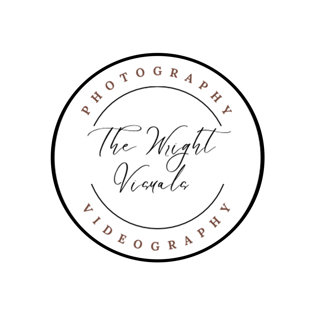 Black and white circular logo design for The Wright Visuals photography and videography business.