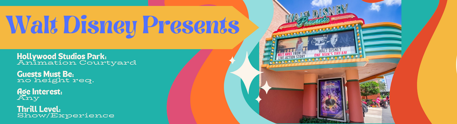 A vibrant colorful banner with Walt Disney text and cartoon-style graphics features websites and navigation elements.