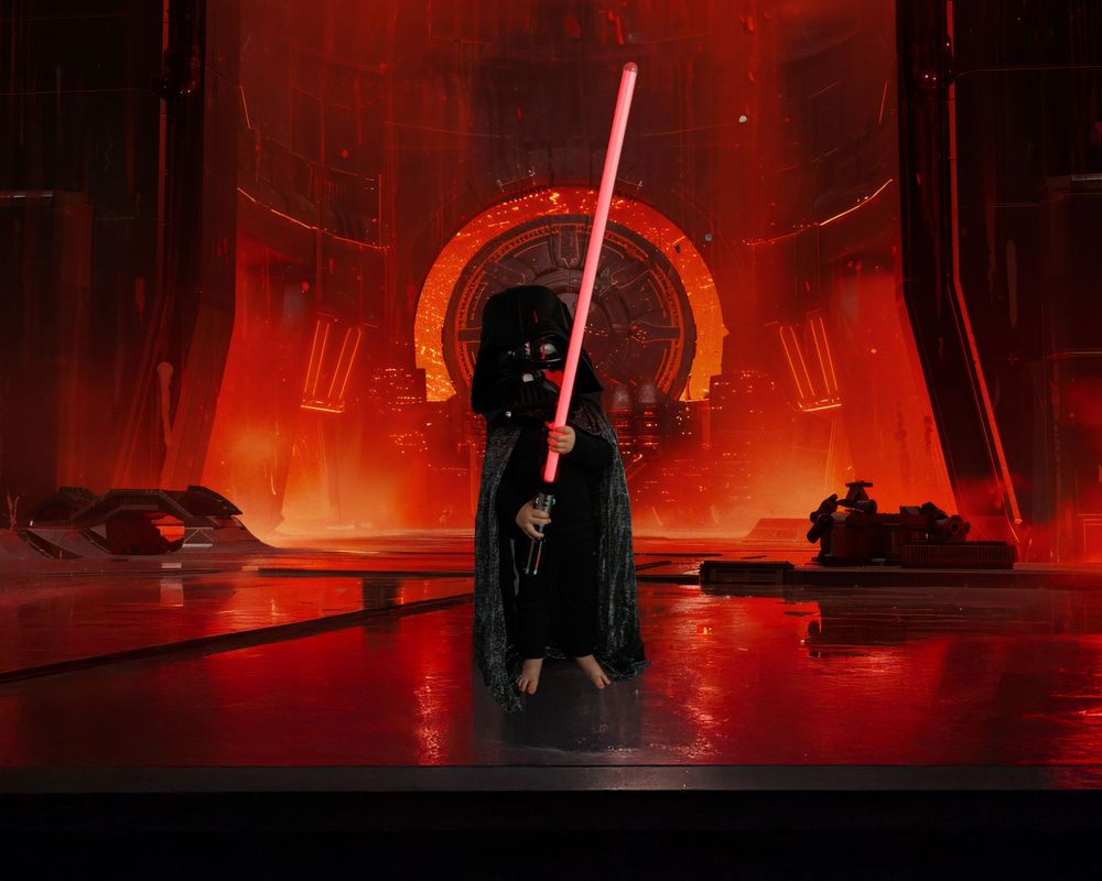 Dark silhouette with red lightsaber stands menacingly in a red-lit futuristic corridor with glowing circular archway.
