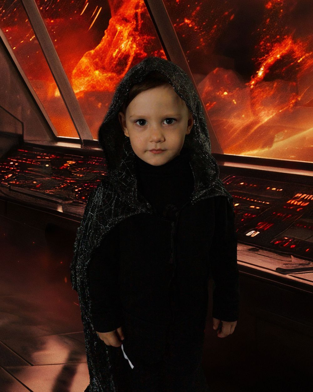 A dramatic portrait against a fiery red background with machinery panels and dark atmospheric lighting.