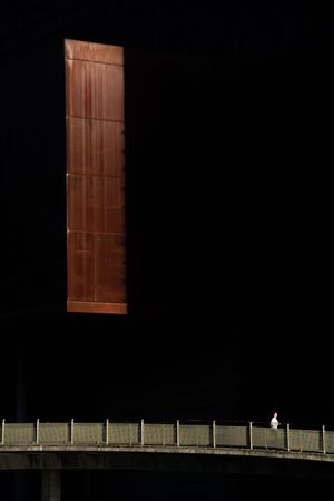 A wooden door frame stands illuminated against a dark background with a railing visible below.
