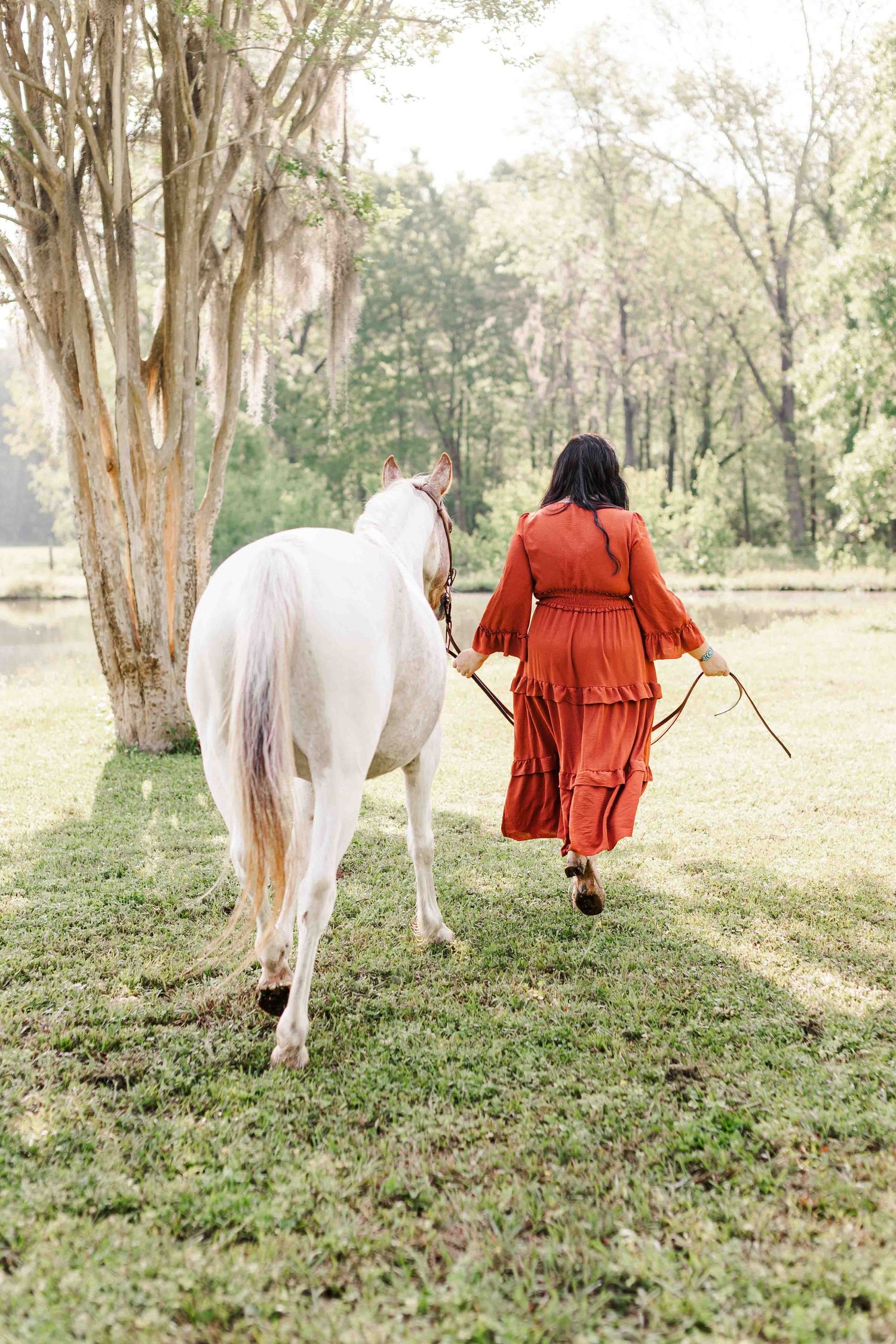 A beautiful white horse follows someone in a flowing rust-colored dress through a sun-dappled wooded meadow.