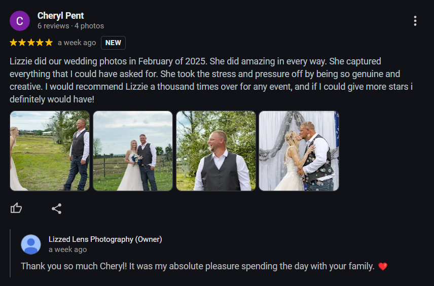 Five-star Google review praising Lizzie from Lizzed Lens Photography for wedding photos taken in February 2025.