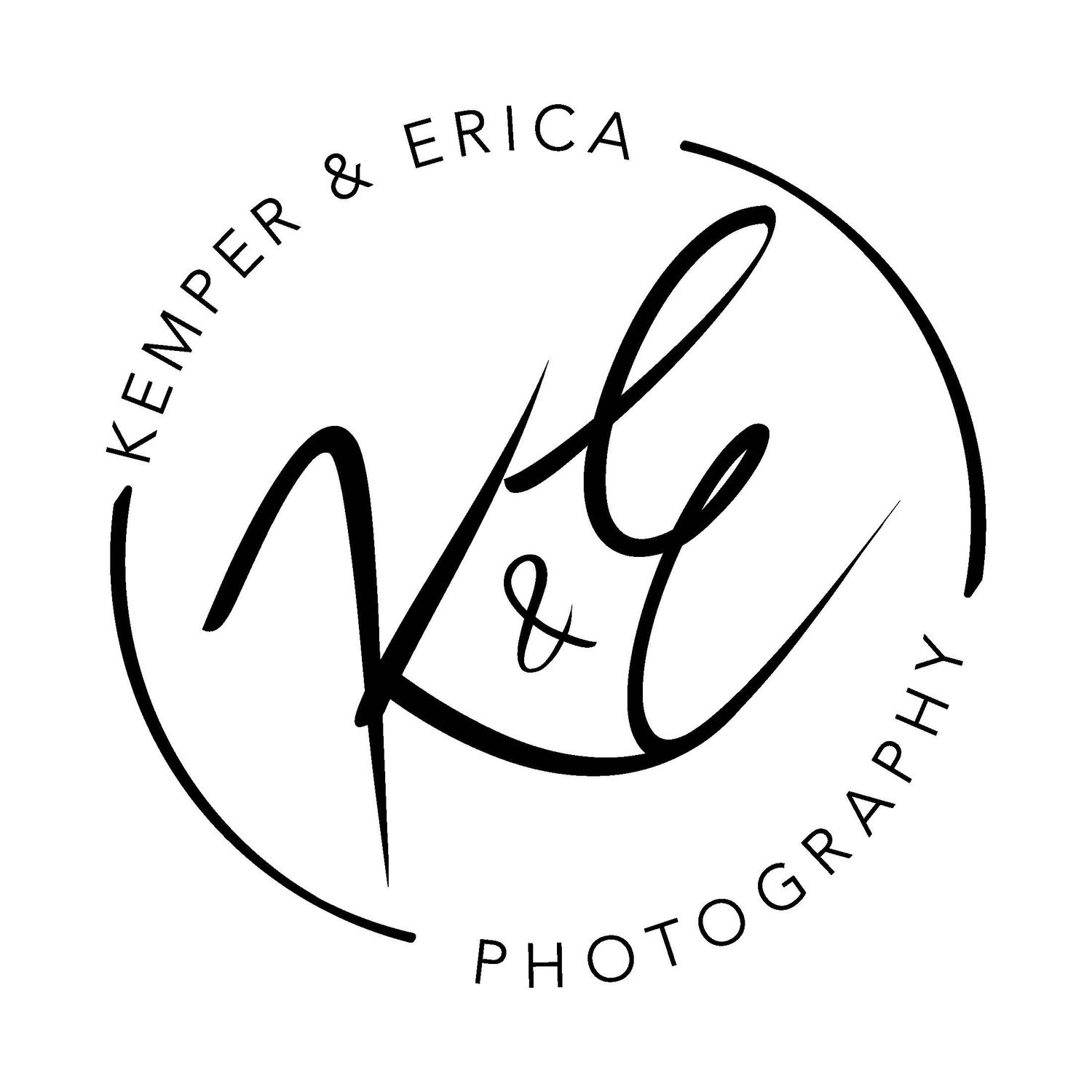 Black circular logo design for Kemper & Erica Photography with stylized text and ampersand.