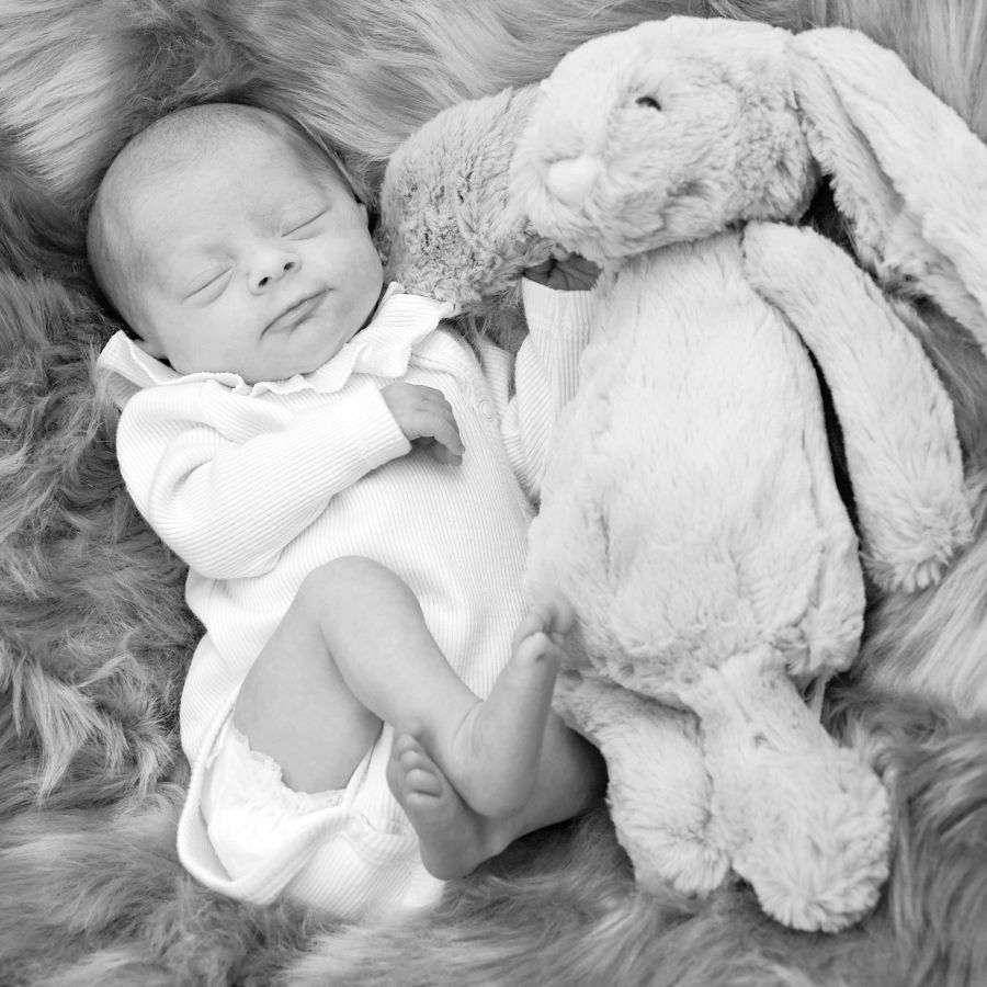 Sleeping newborn with a favourite teddy during professional newborn photoshoot by Abigail's Studio