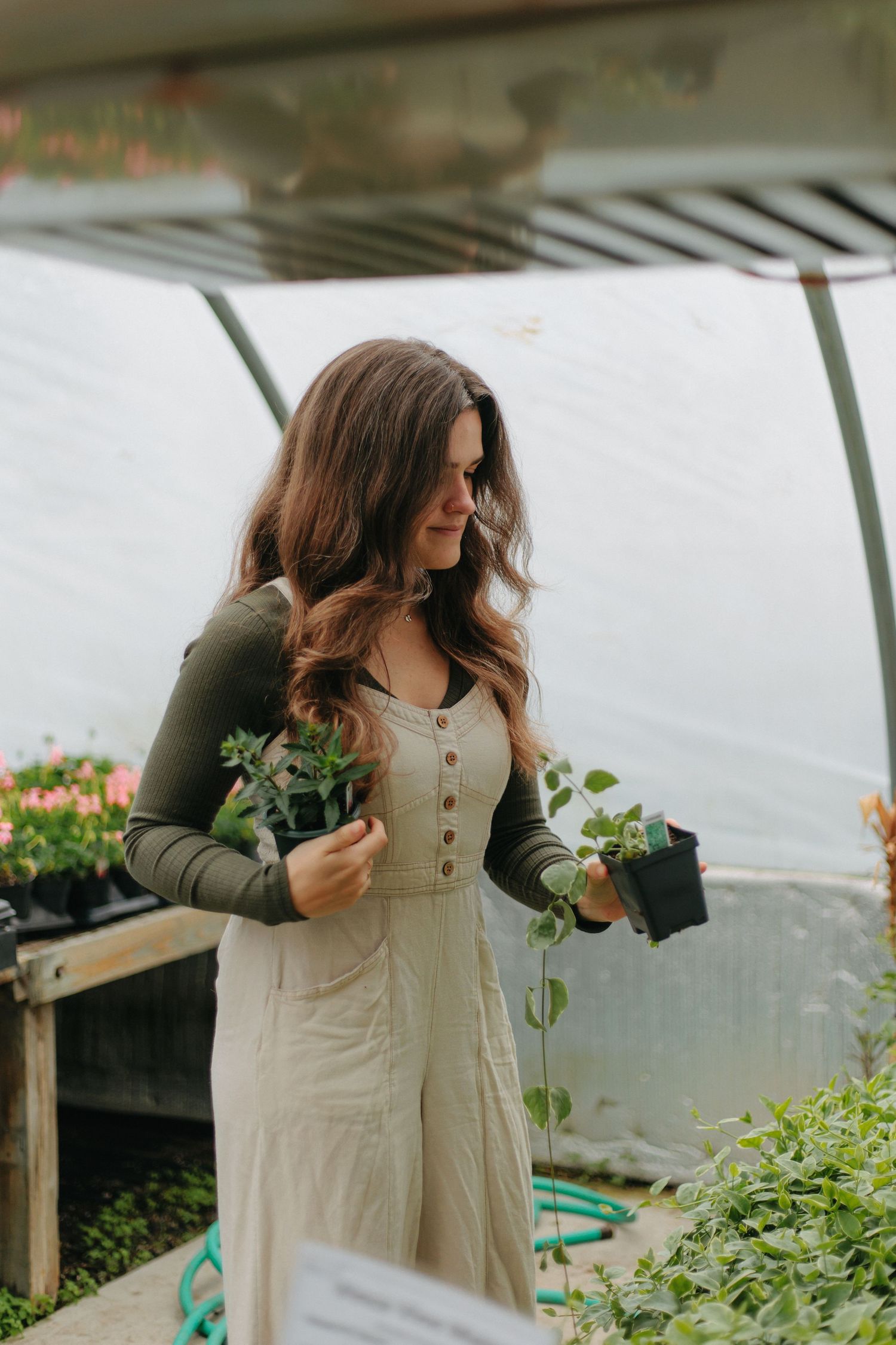 A person wearing a beige dress and olive cardigan holds potted plants while working in a greenhouse setting.