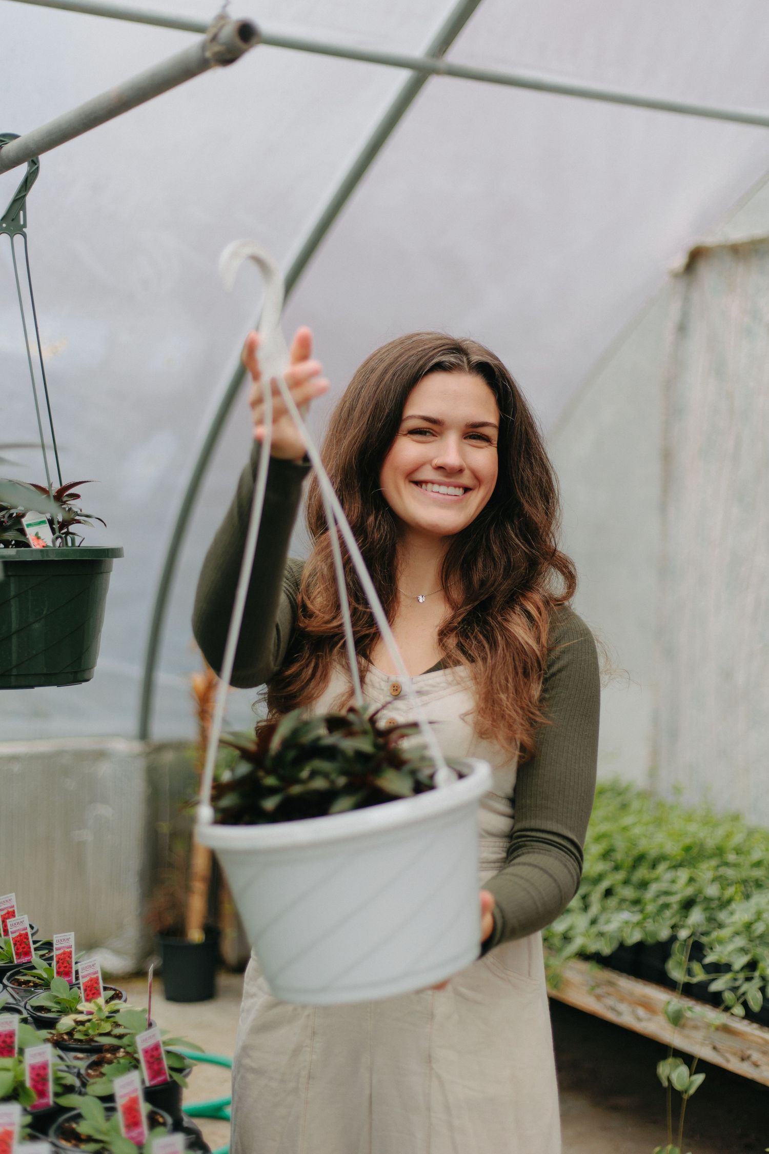 A person wearing an olive green top tends to plants in a greenhouse filled with hanging baskets and seedlings.