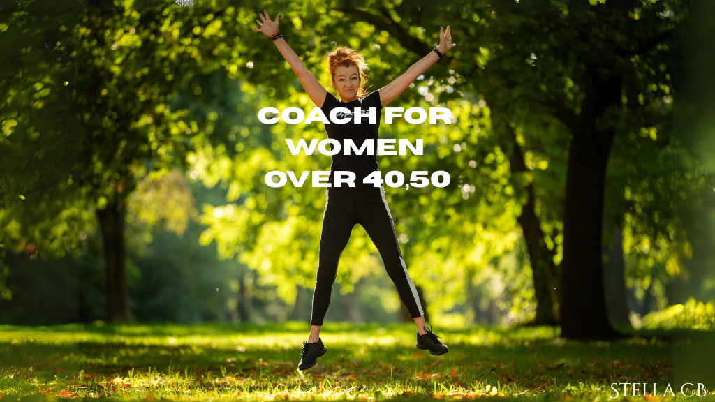 Confident woman over 40 jumping in nature, representing weight loss, energy, and sexy aging after menopause