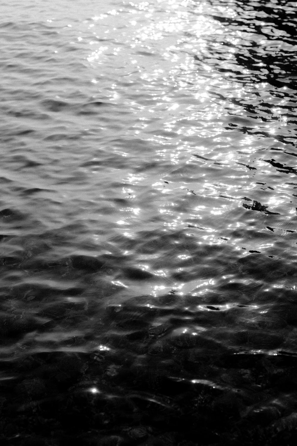 Black and white close-up of sunlight reflecting off rippling water surface.