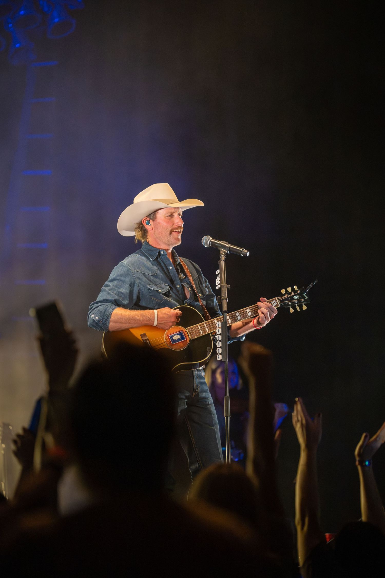 A country musician plays acoustic guitar on stage with raised hands of audience members visible in the dark foreground.