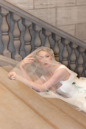 Romantic bridal portrait on stone staircase with dreamy tulle veil and balustrade.