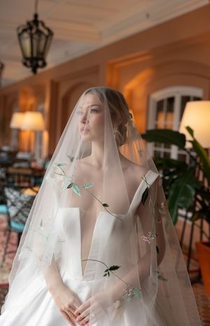 Ethereal bridal portrait featuring delicate floral embroidered veil and structured white gown.