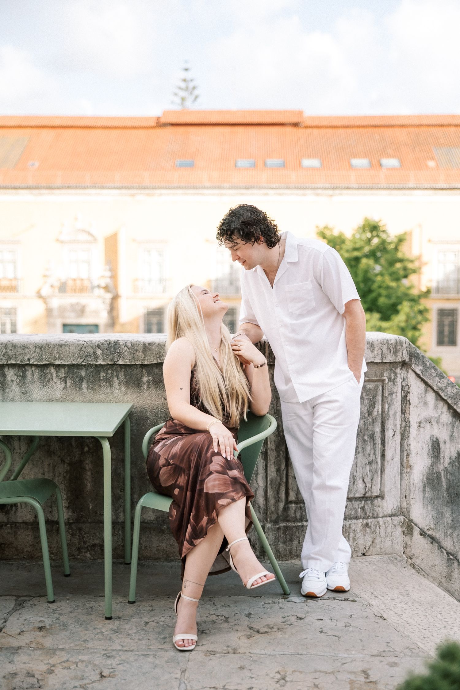 Romantic portrait session in Lisbon for a destination wedding couple visiting Portugal