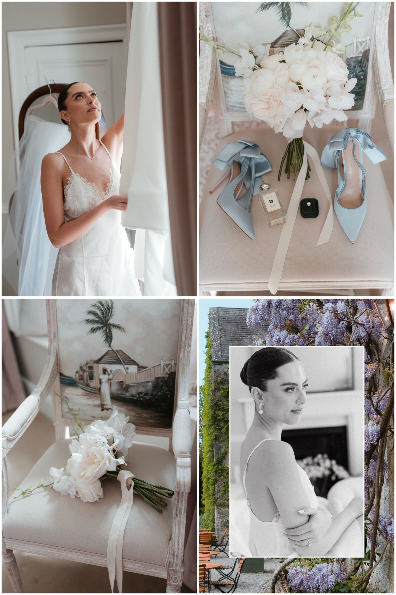 A bridal collage featuring a bride in a white gown, blue heels, white bouquet, and a black-and-white portrait outdoors.