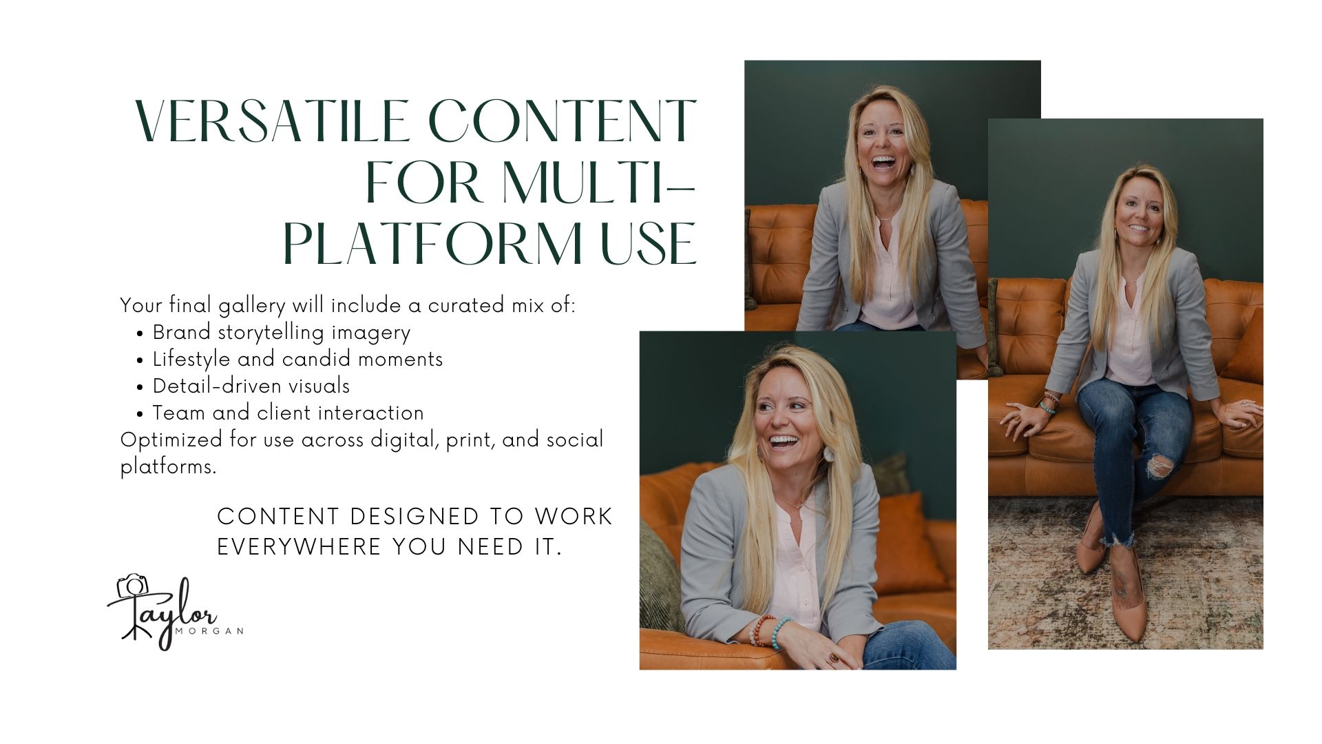 Versatile content creation for multi-platform use featuring a smiling blonde woman in casual attire for brand storytelling.
