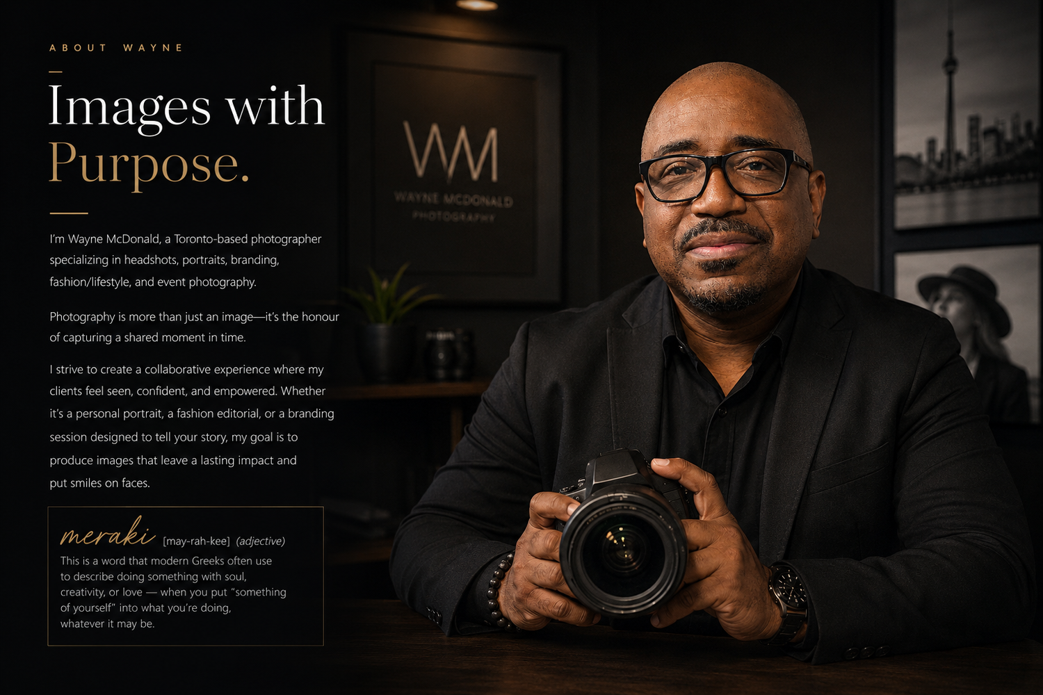 Toronto photographer Wayne McDonald poses with camera, specializing in headshots, portraits, and branding photography.
