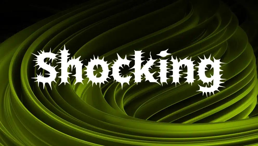 Bold white 'Shocking' text with spiky edges on a swirling green abstract background.