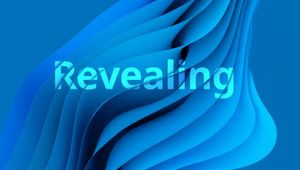 Abstract blue wavy layers background with bold white text reading Revealing, creating a modern dynamic design.