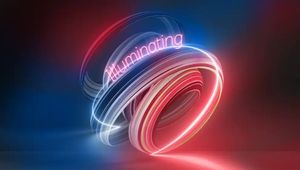 Glowing neon light trails in red and blue form a swirling sphere with the word Illuminating on a dark background.