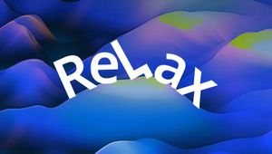 Abstract blue purple wavy landscape digital art with white ReLax text overlay for relaxation concept.