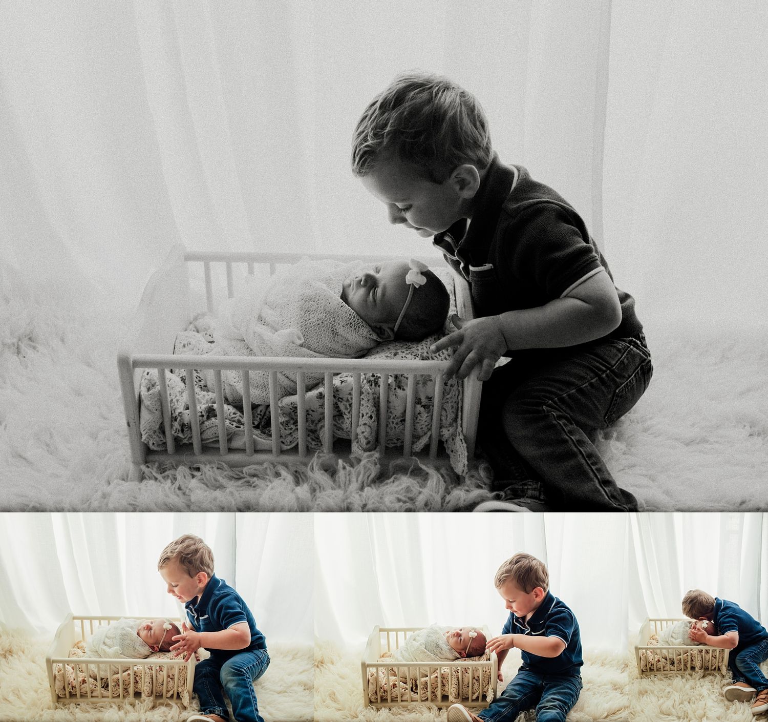 A young boy lovingly gazes at his newborn sibling in a small crib during a professional newborn photography session.