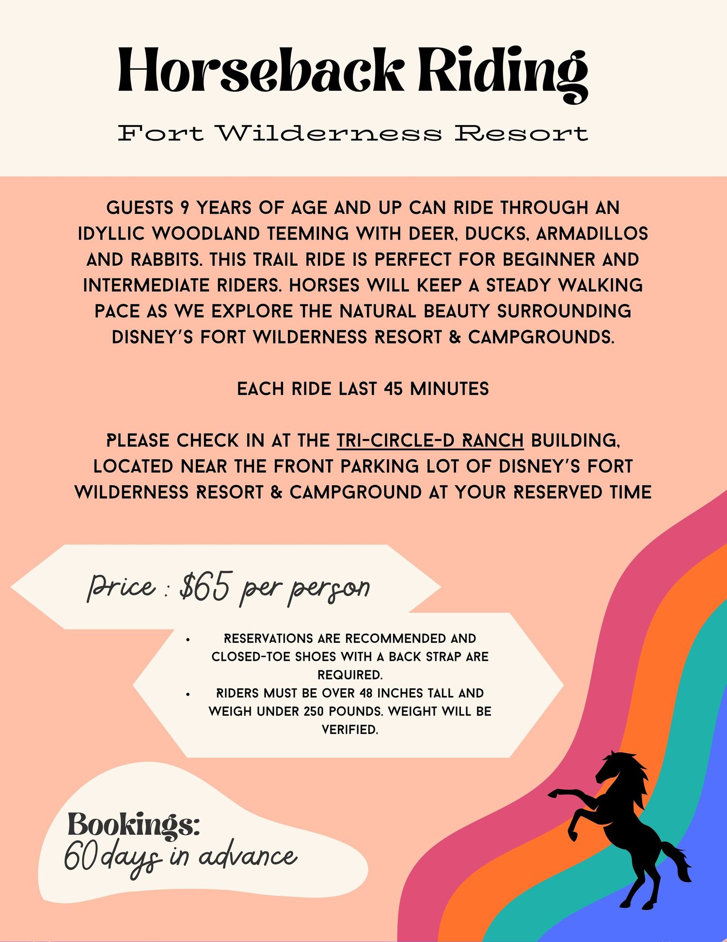 Vintage-style horseback riding advertisement for Fort Wilderness Resort featuring a horse silhouette.