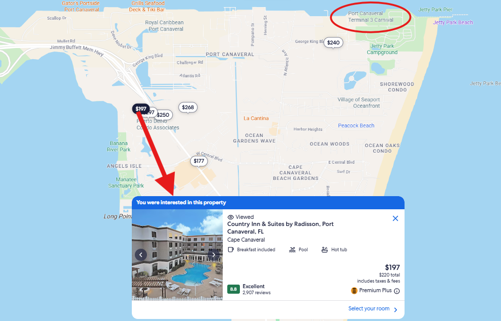 Map showing Country Inn & Suites by Radisson in Cape Canaveral, FL with a highlighted location marker and hotel details card.