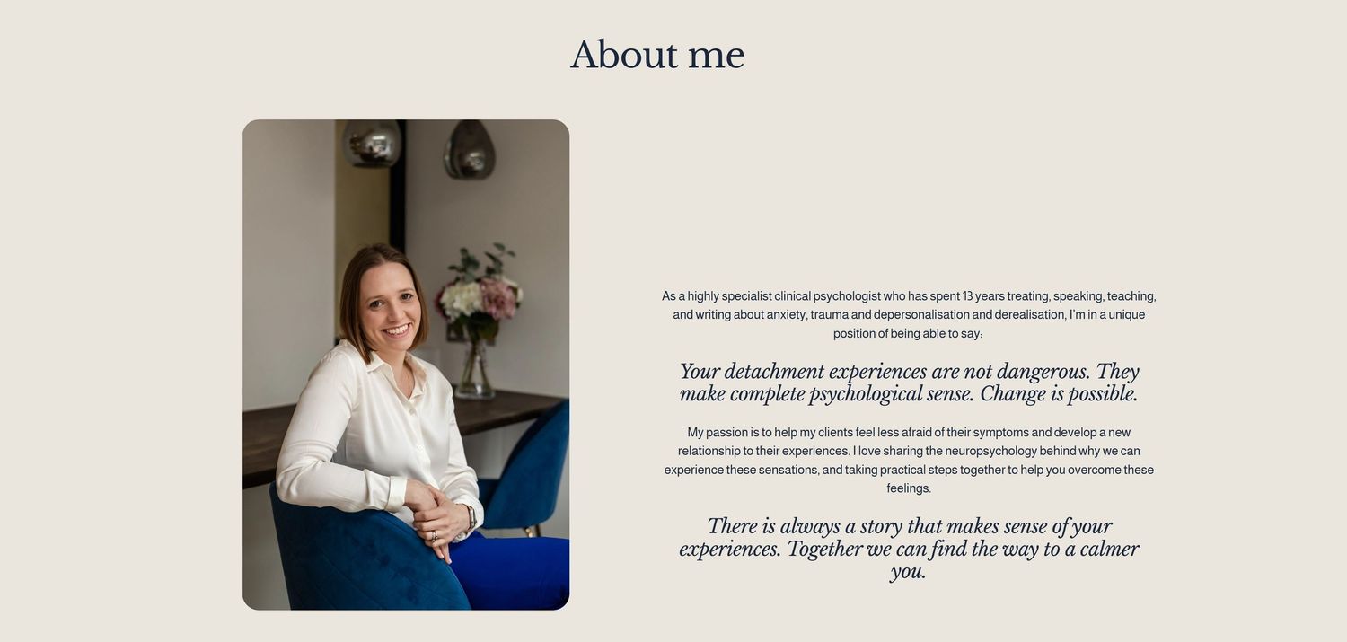 Website screenshot of professional female therapist smiling in a modern office, featured on an About Me page.