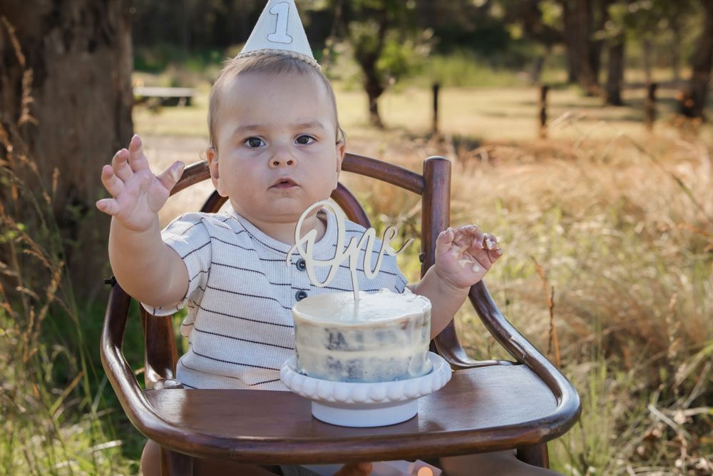Baby in high chair wearing paper crown with white birthday cake during outdoor first birthday celebration.