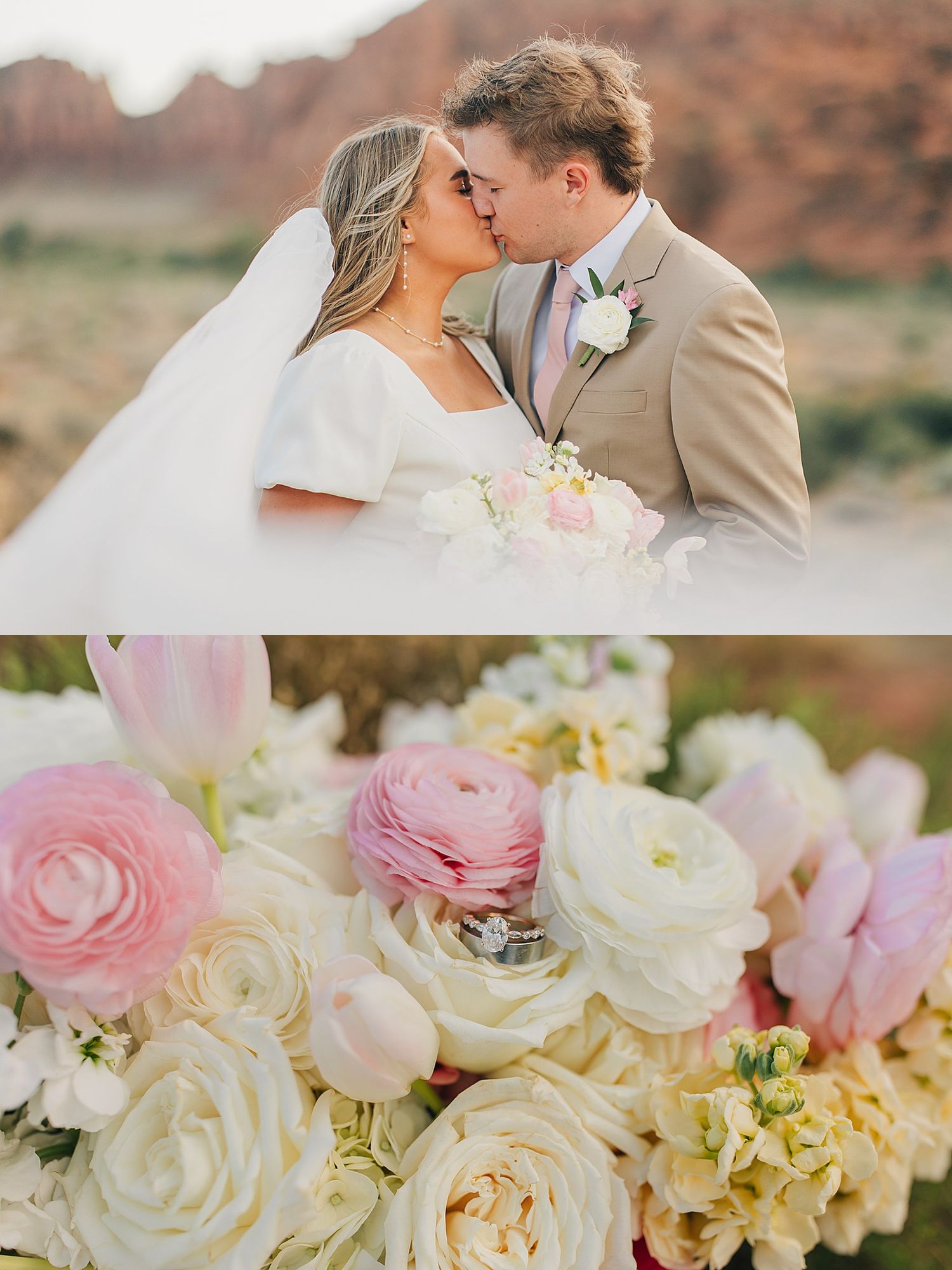 Wedding couple kissing with pink and white floral bouquet featuring ranunculus and roses closeup.