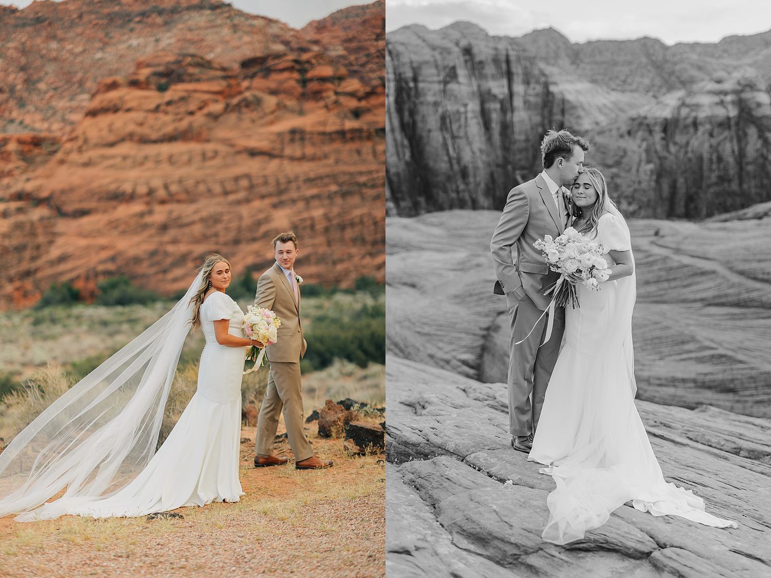Bride and groom posing in red rock desert landscape, wedding couple in white gown and tan suit with mountain backdrop.