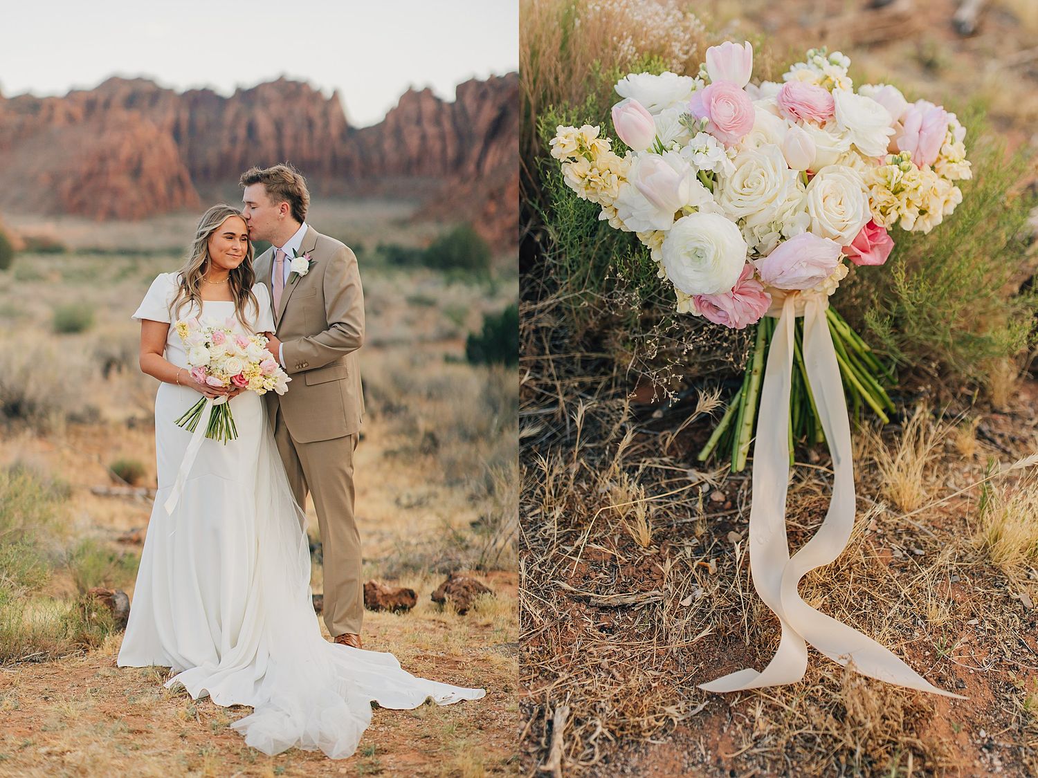 Wedding couple embraces outdoors with pink and white bouquet displayed on desert ground nearby.