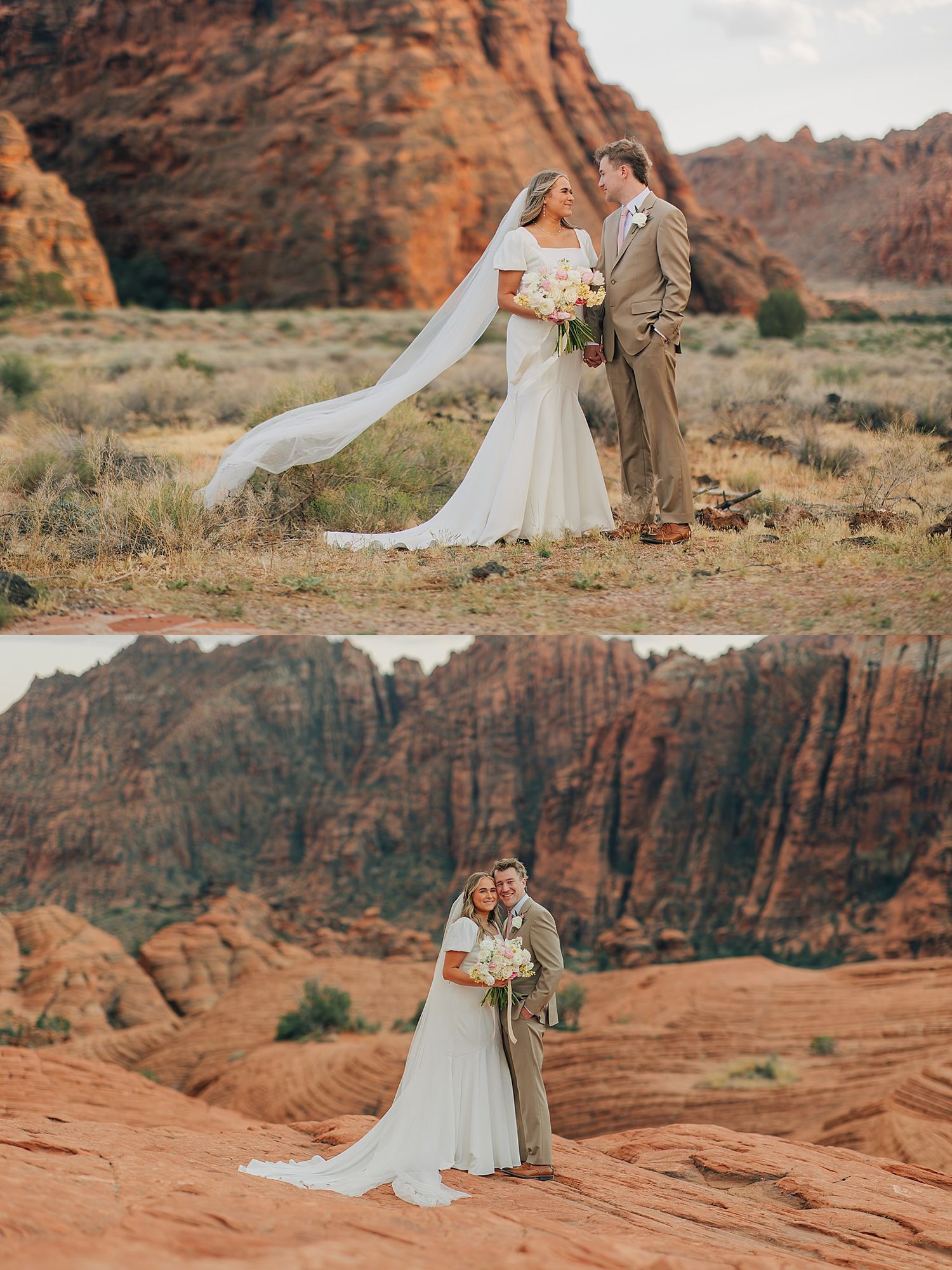 Bride and groom share a romantic moment in a stunning red rock desert landscape, with her veil flowing in the wind.