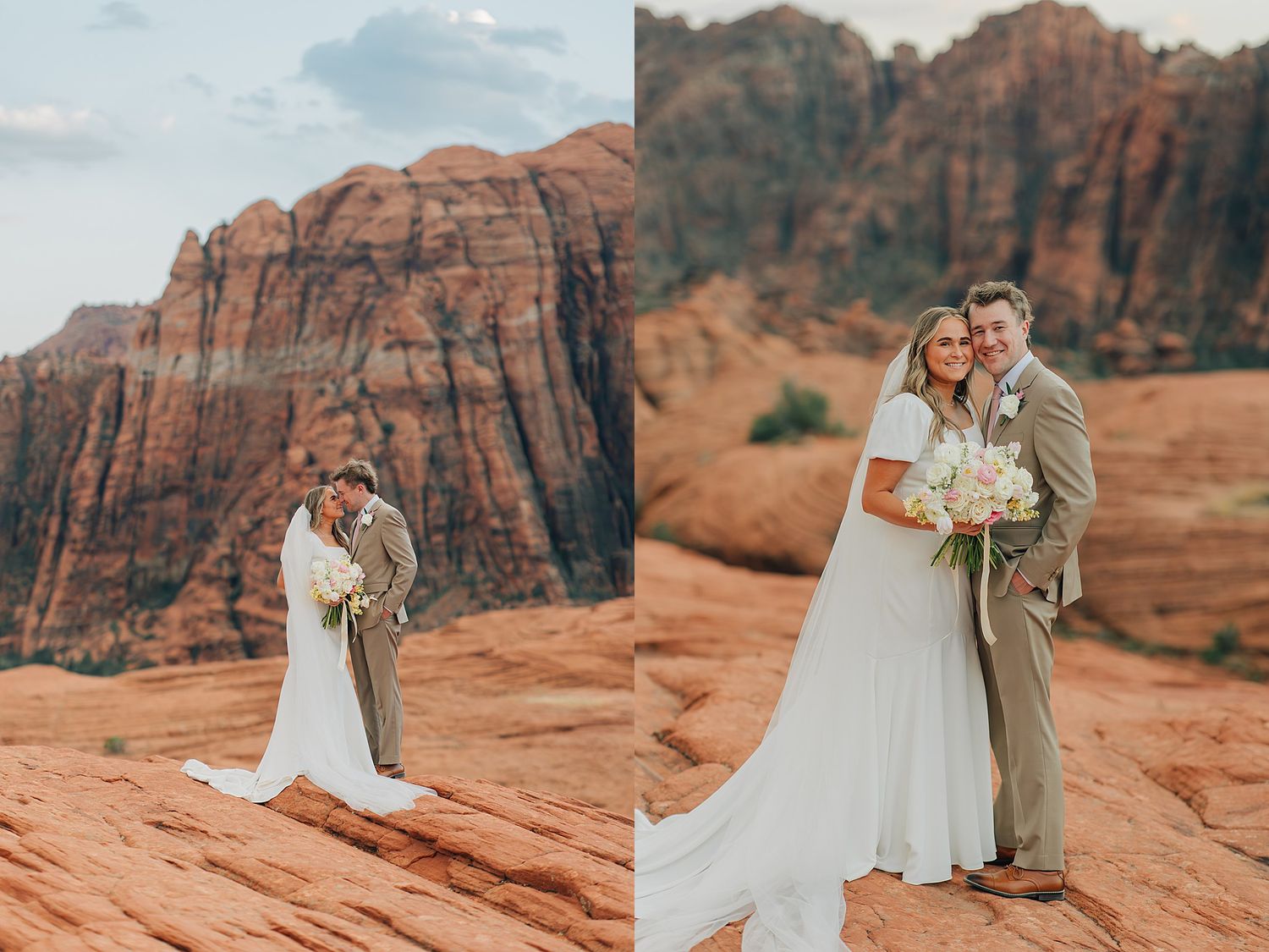 Bride and groom posing on red rock formations at Zion National Park with dramatic sandstone cliffs in the background.