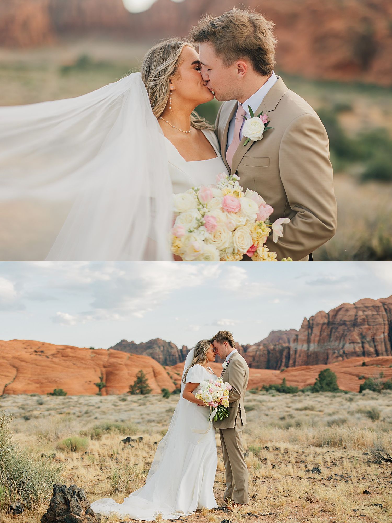 Bride and groom share a kiss with veil flowing, then embrace before red rock desert landscape in wedding portraits.