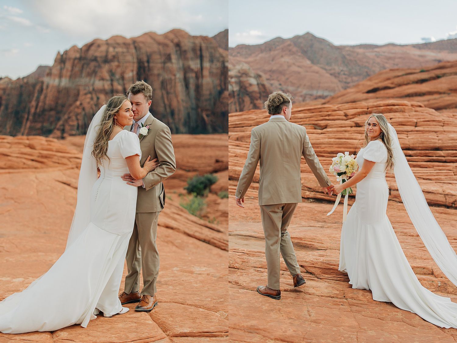 Bride and groom pose romantically on red rock formations with stunning sandstone cliffs backdrop during outdoor desert wedding.