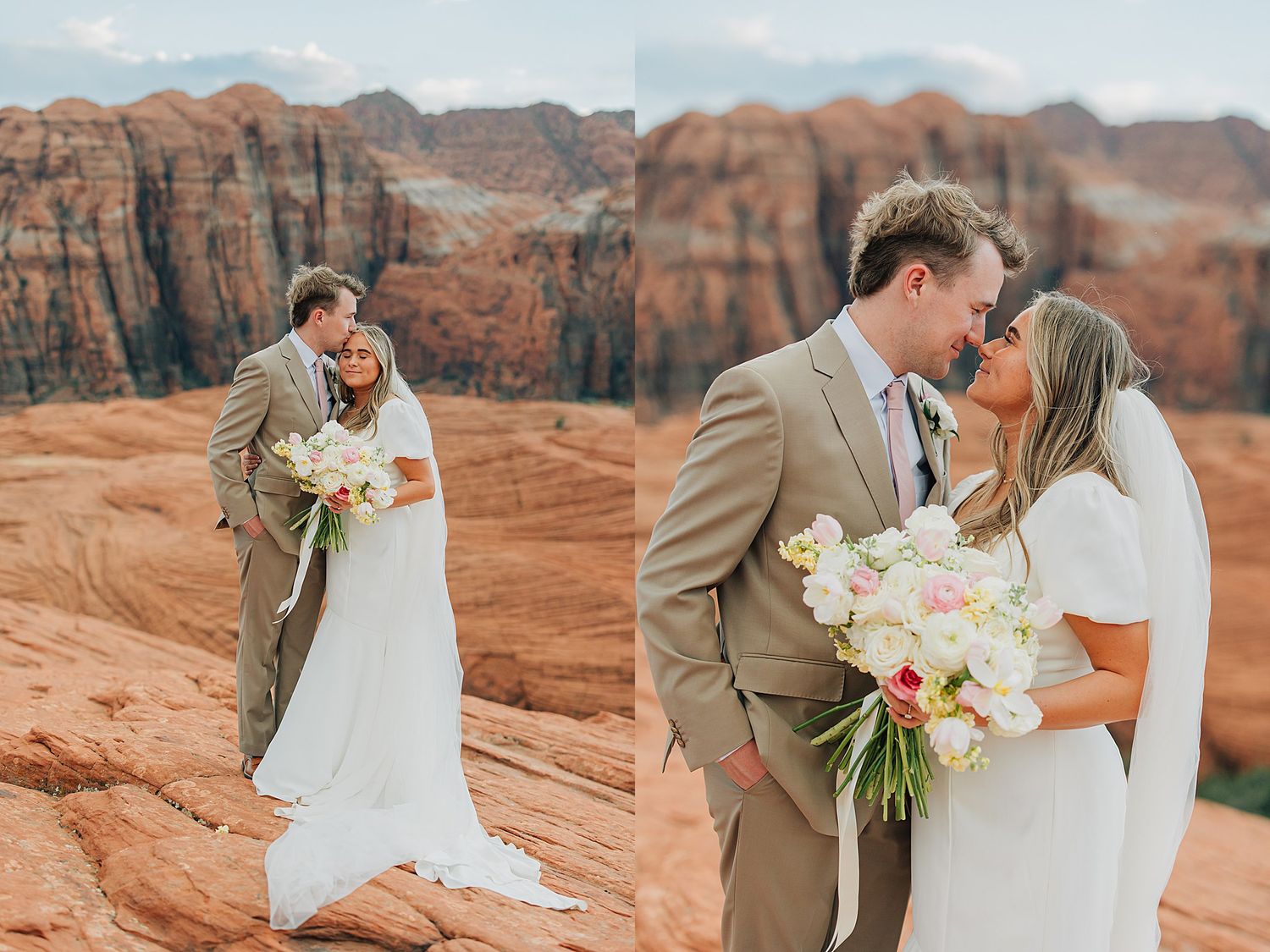 Bride and groom share a romantic kiss on red rock formations, bride holding a white and pink bouquet in an outdoor wedding.