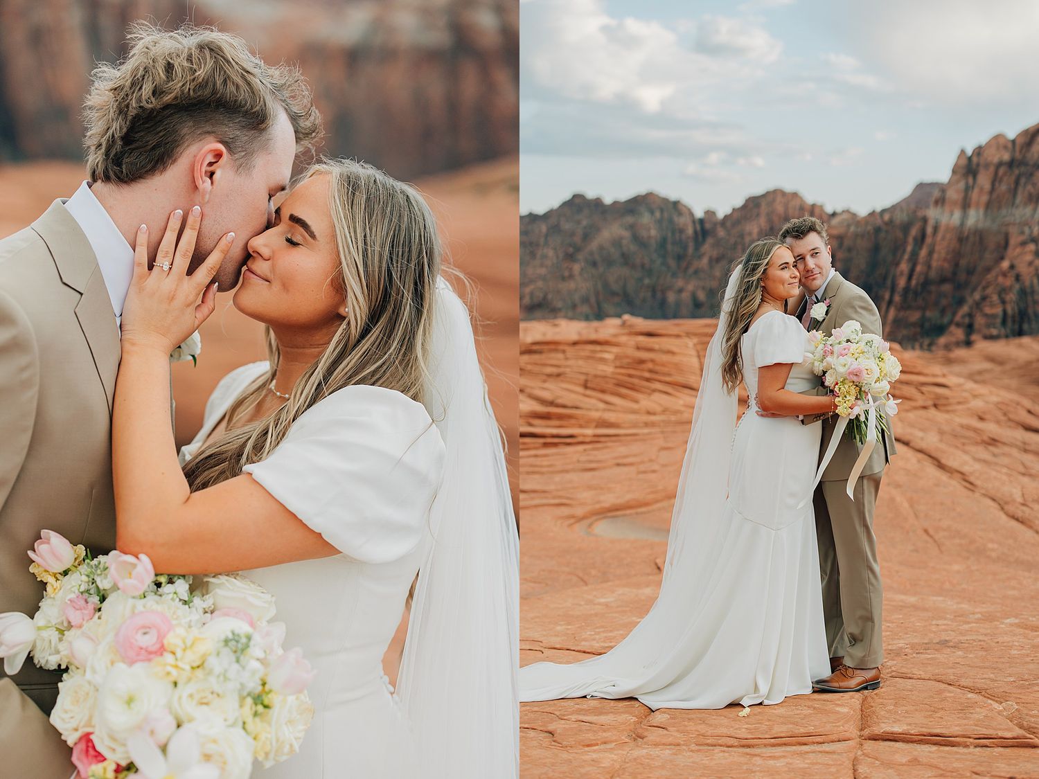 Bride and groom share a romantic kiss and pose together in stunning red rock desert landscape on their wedding day.