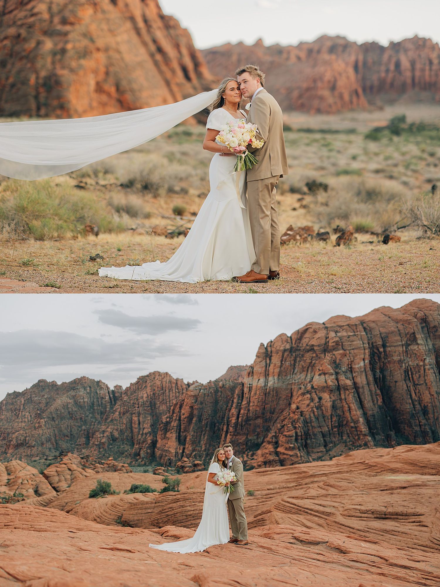 Bride and groom embrace in desert landscape with red rock formations, wedding veil flowing in wind at Zion National Park.